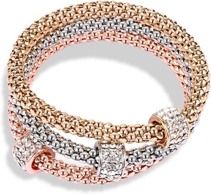 Stretch Bracelets for Women Gold/Silver/Rose Gold Elastic Bracelet Set for Women 3 PCS Stackable Bracelets Multilayer Charm Bracelet Christmas Gifts for Women