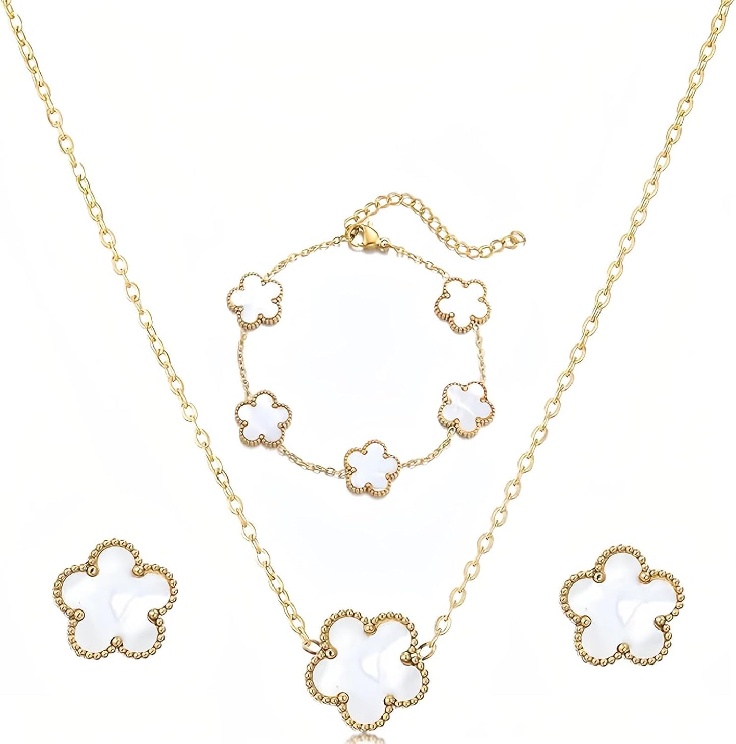 Luckybelle Leaf Clover Necklace & Gold Bracelet Set for Women, Elegant Bracelet,Earrings& Charm Jewelry Set for Anniversary, Birthday Gifts, Five-Leaf Clover Jewelry as Wedding, Party Accessories