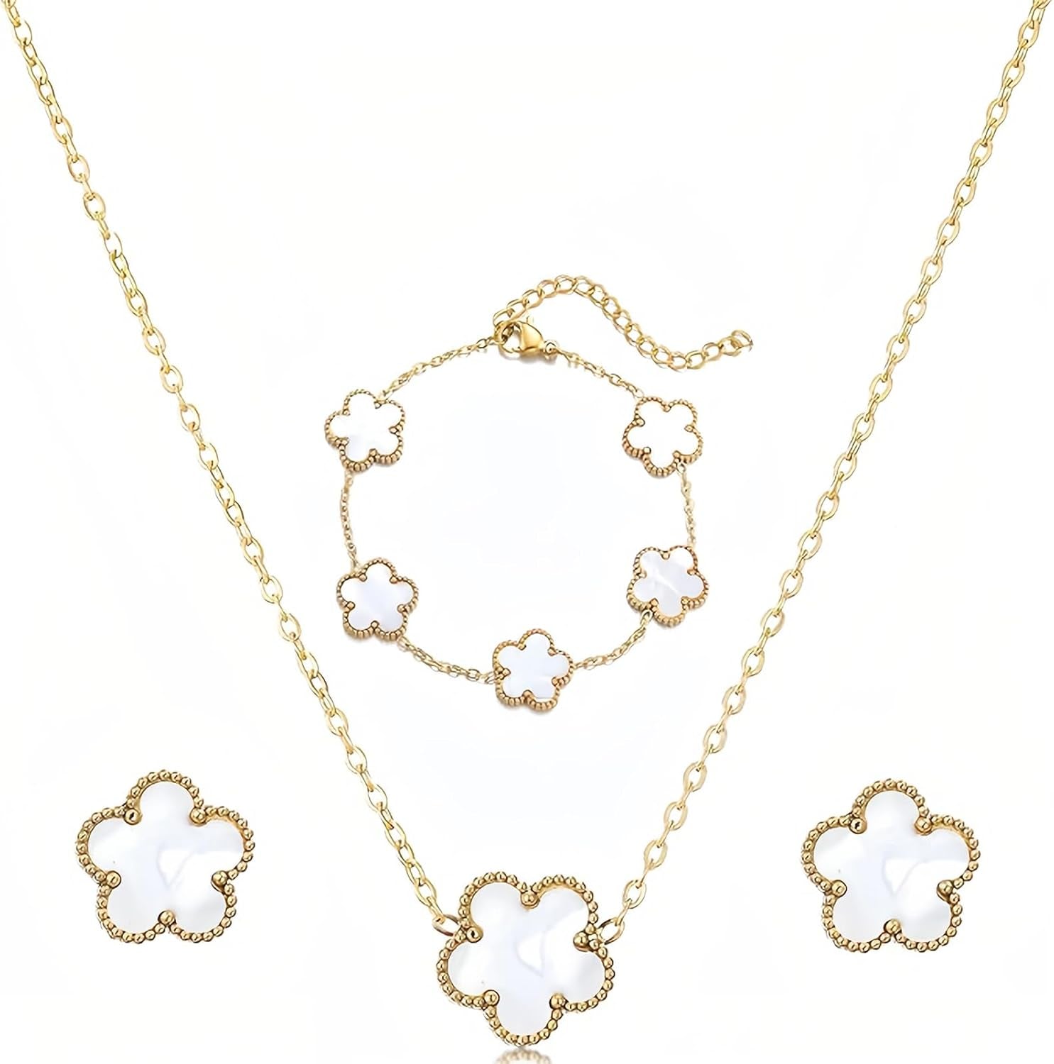 Luckybelle Leaf Clover Necklace & Gold Bracelet Set for Women, Elegant Bracelet,Earrings& Charm Jewelry Set for Anniversary, Birthday Gifts, Five-Leaf Clover Jewelry as Wedding, Party Accessories