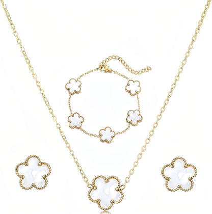 Luckybelle Leaf Clover Necklace & Gold Bracelet Set for Women, Elegant Bracelet,Earrings& Charm Jewelry Set for Anniversary, Birthday Gifts, Five-Leaf Clover Jewelry as Wedding, Party Accessories