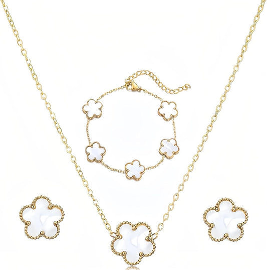Luckybelle Leaf Clover Necklace & Gold Bracelet Set for Women, Elegant Bracelet,Earrings& Charm Jewelry Set for Anniversary, Birthday Gifts, Five-Leaf Clover Jewelry as Wedding, Party Accessories