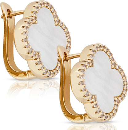 Four Leaf Clover Earrings 18K Gold Plated with Black Agate or White Shell | Mother of Pearl & Cubic Zirconia | Classic English Lock | Tarnish-Resistant Jewelry for Women