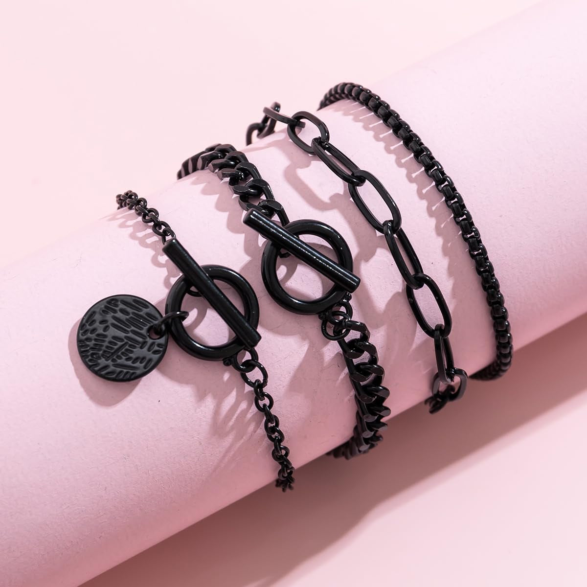 4Pcs Goth Black Stackable Bracelets Set for Women Gothic Statement Gold Coin OT Buckle Bracelet Vintage Paperclip Chain Y2K Party Hallowmas Jewelry Gifts