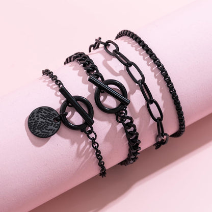 4Pcs Goth Black Stackable Bracelets Set for Women Gothic Statement Gold Coin OT Buckle Bracelet Vintage Paperclip Chain Y2K Party Hallowmas Jewelry Gifts