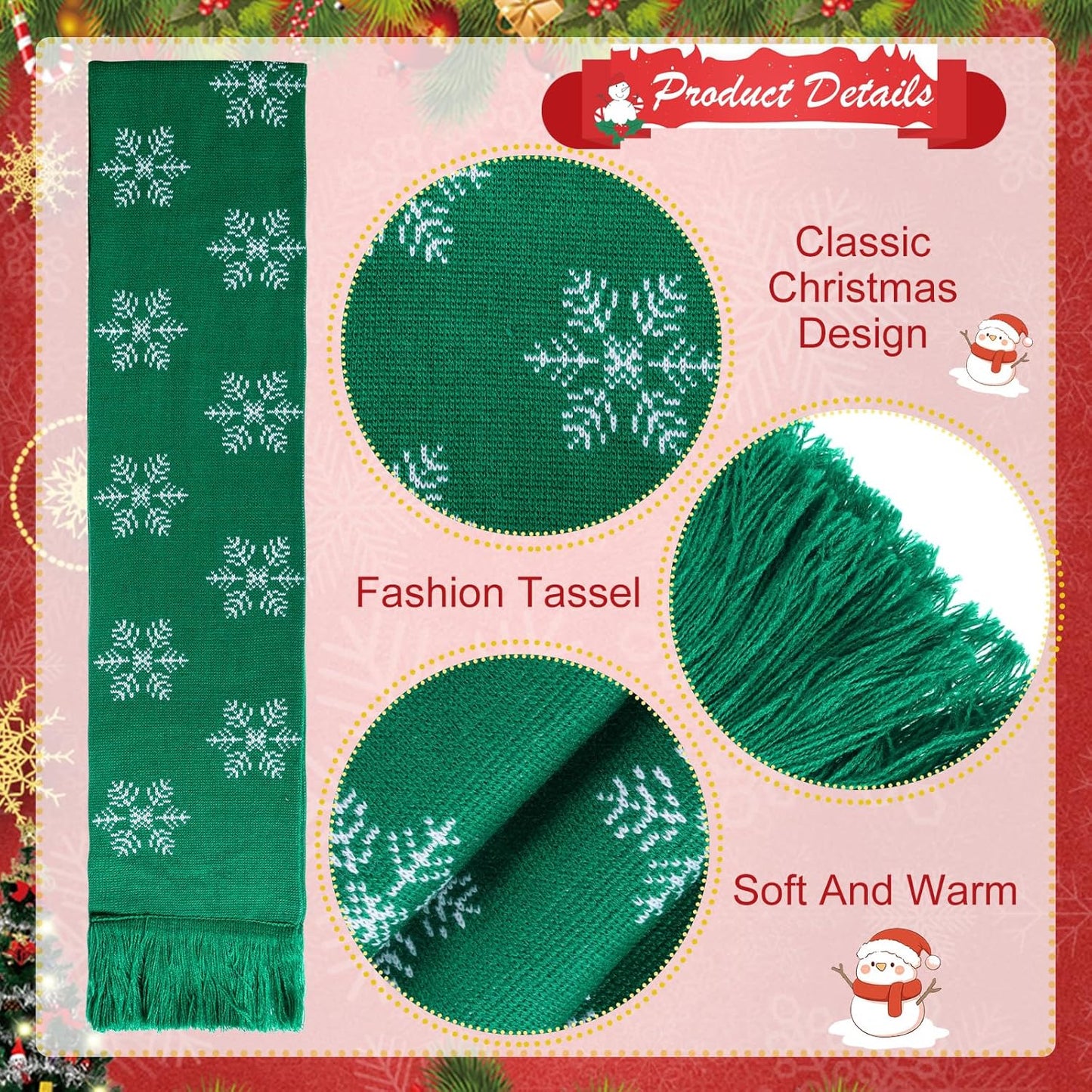 6 Pcs Christmas Scarf Bulk for Women Men Winter Snowflake Warm Knitted Large Scarf Long Shawl for Christmas Holiday