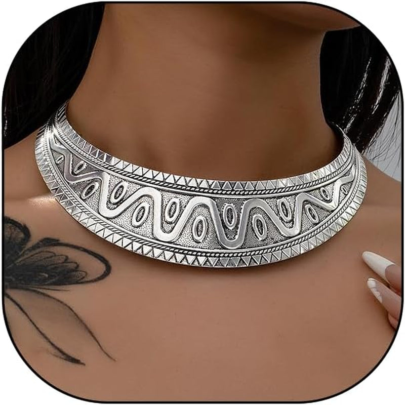 Hewill Chunky Gold Necklace Big Statement Chunky Necklace for Women African Tribe Wide Metal Choker Necklaces Jewelry