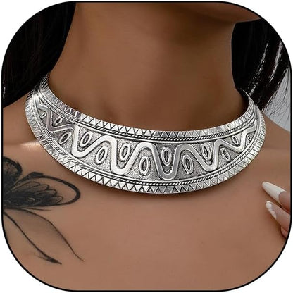 Hewill Chunky Gold Necklace Big Statement Chunky Necklace for Women African Tribe Wide Metal Choker Necklaces Jewelry