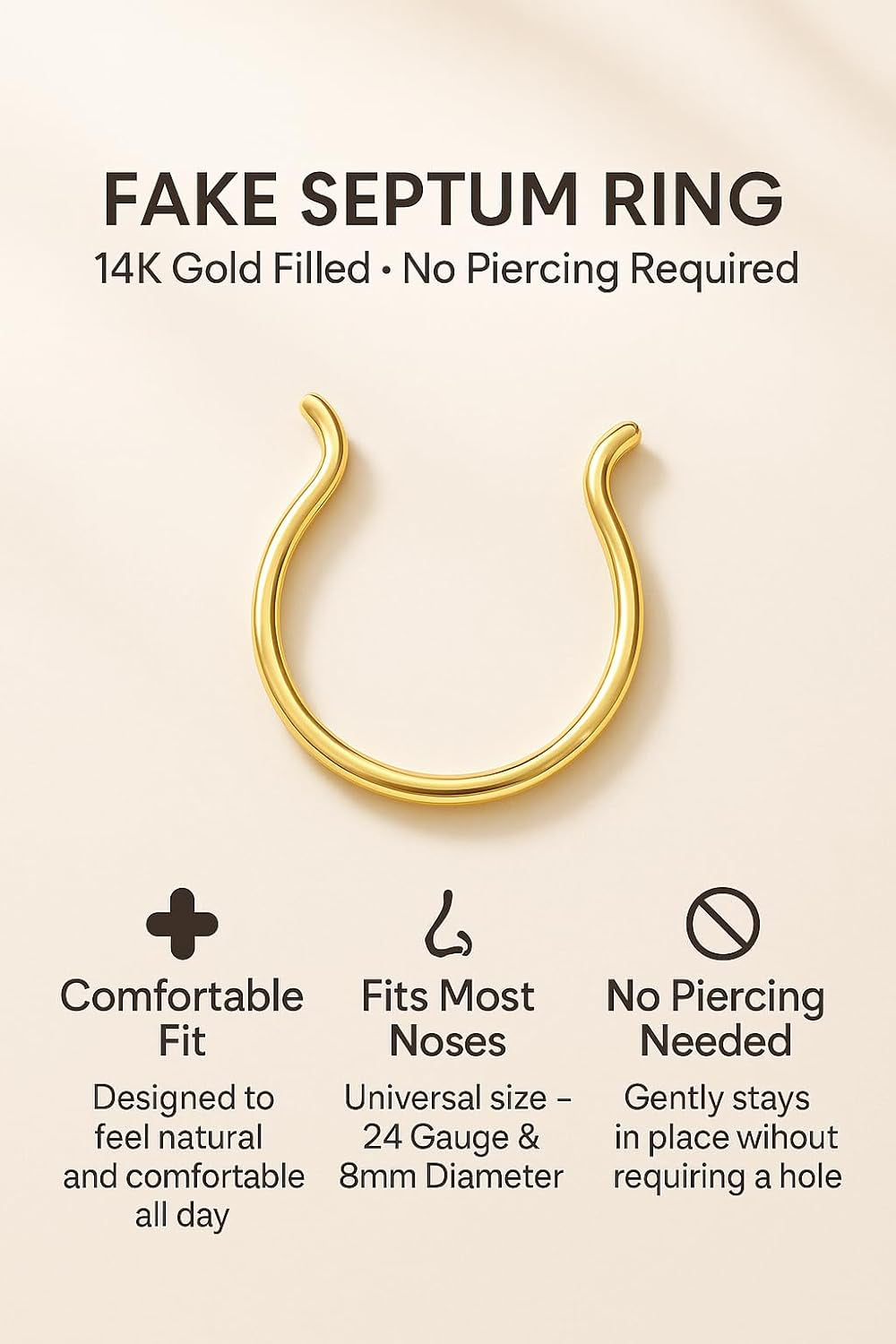 ALOME PIERCINGS Gold Fake Septum Ring - Thin Tiny 24 Gauge 8Mm Faux Septum Piercing Hoop - 14K Gold Filled Clip on Fake Septum Rings for Women - No Piercing Needed - Gift Ready