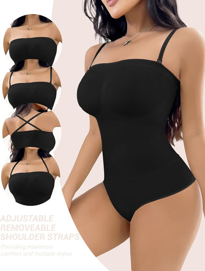 Woman wearing strapless shapewear for smooth silhouette