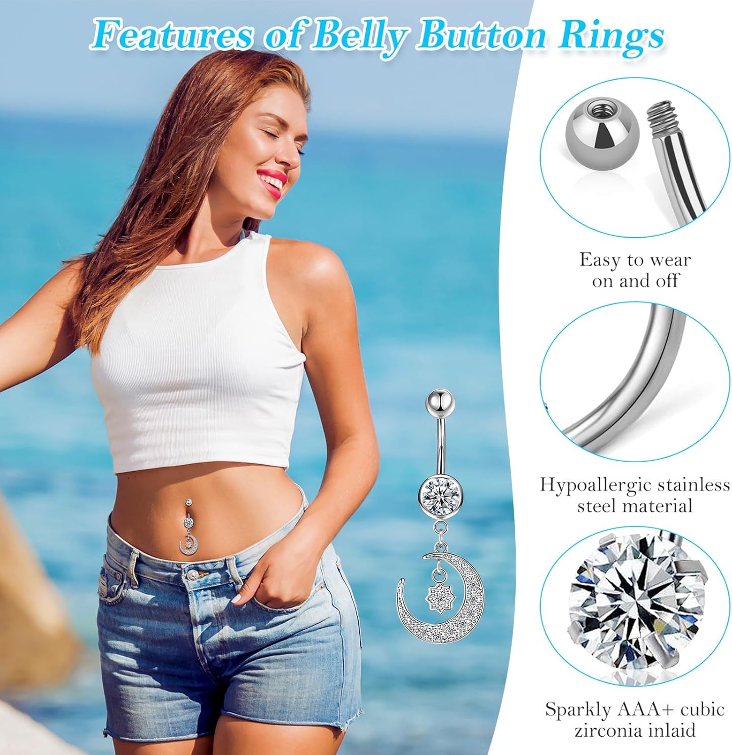 Lucomb 16 PCS 14G Dangle Belly Button Rings for Women, Stainless Steel Dangling Piercing Jewelry Belly Rings, Navel Rings Pack Cute Piercing Barbell Body Jewelry Gifts for Women
