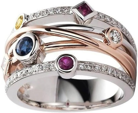 White Gold Plated Geometric Lines Two Color Cubic Zirconia Boho Style Statement Ring Personalized Accessory Ideal for Women'S Daily Casual Wear Party Holiday Anniversary Love Jewelry Gift