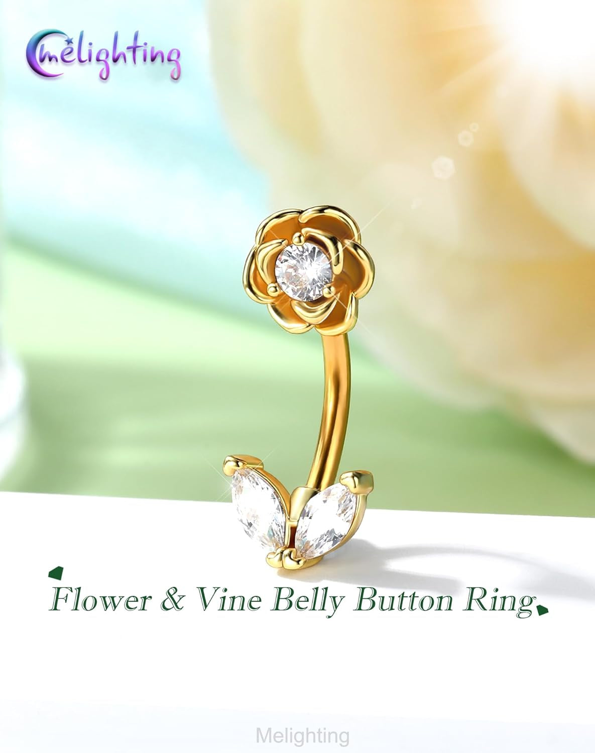 Melighting 14G Flower Belly Button Ring, 316L Surgical Steel Marquise CZ Belly Rings, Gold Navel Piercing Barbell, 10 Mm Silver Body Jewellery for Women