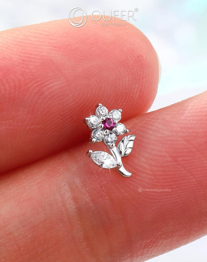 OUFER 925 Sterling Silver Nose Studs, Cute Flower Nose Rings for Women, L-Shaped Pink Clear CZ Nostril Piercing Jewelry-7Mm