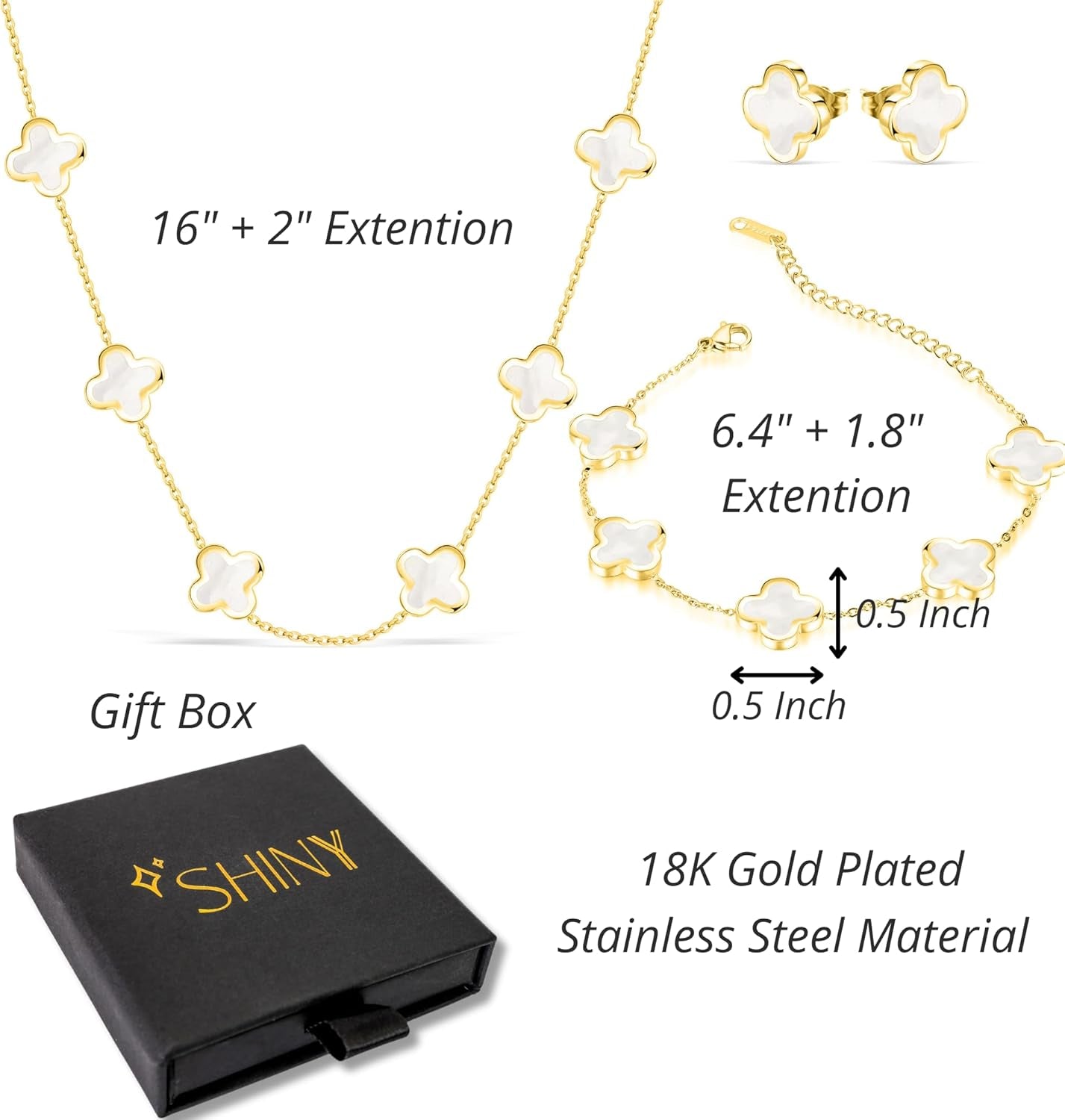 Four Leaf Clover Necklace Bracelet Earring Set for Women | 18K Gold Plated 4 Leaf Lucky Jewelry