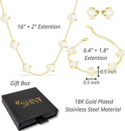 Four Leaf Clover Necklace Bracelet Earring Set for Women | 18K Gold Plated 4 Leaf Lucky Jewelry
