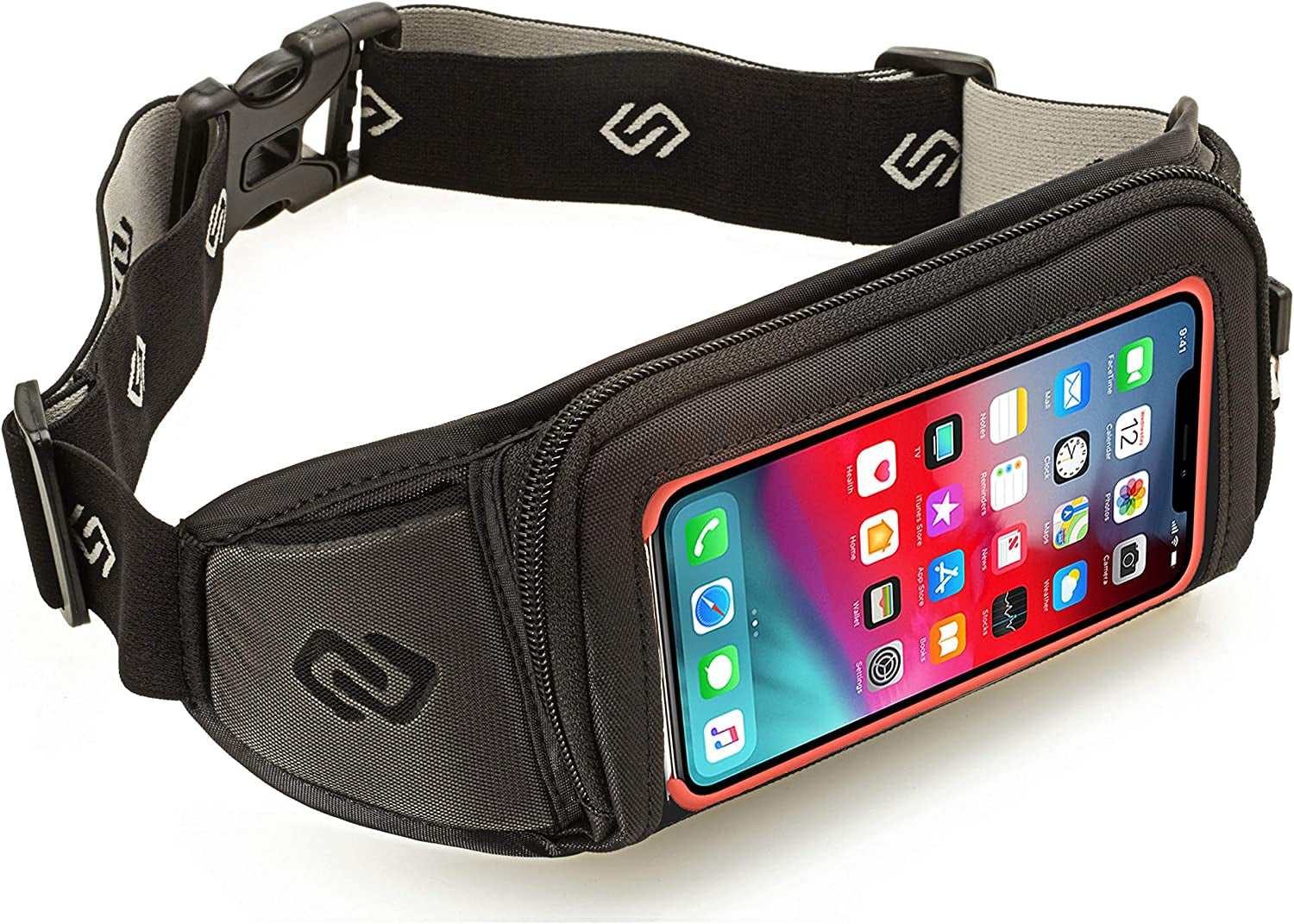 Sporteer running belt with touch screen phone holder worn by runner