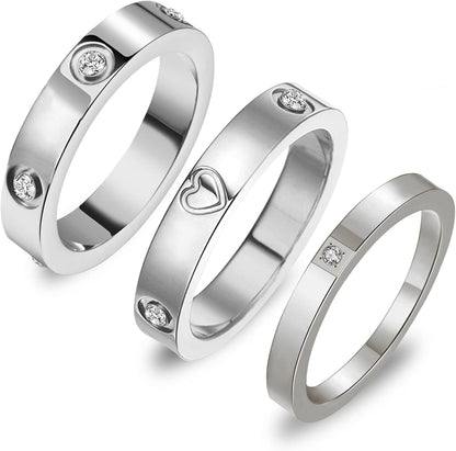 3PCS Love Friendship Ring Gold Ring Sets for Women Stainless Steel Wedding Statement Thumb Ring 18K Gold Silver Rose Plated Cubic Zirconia Rings Jewelry Gifts for Her