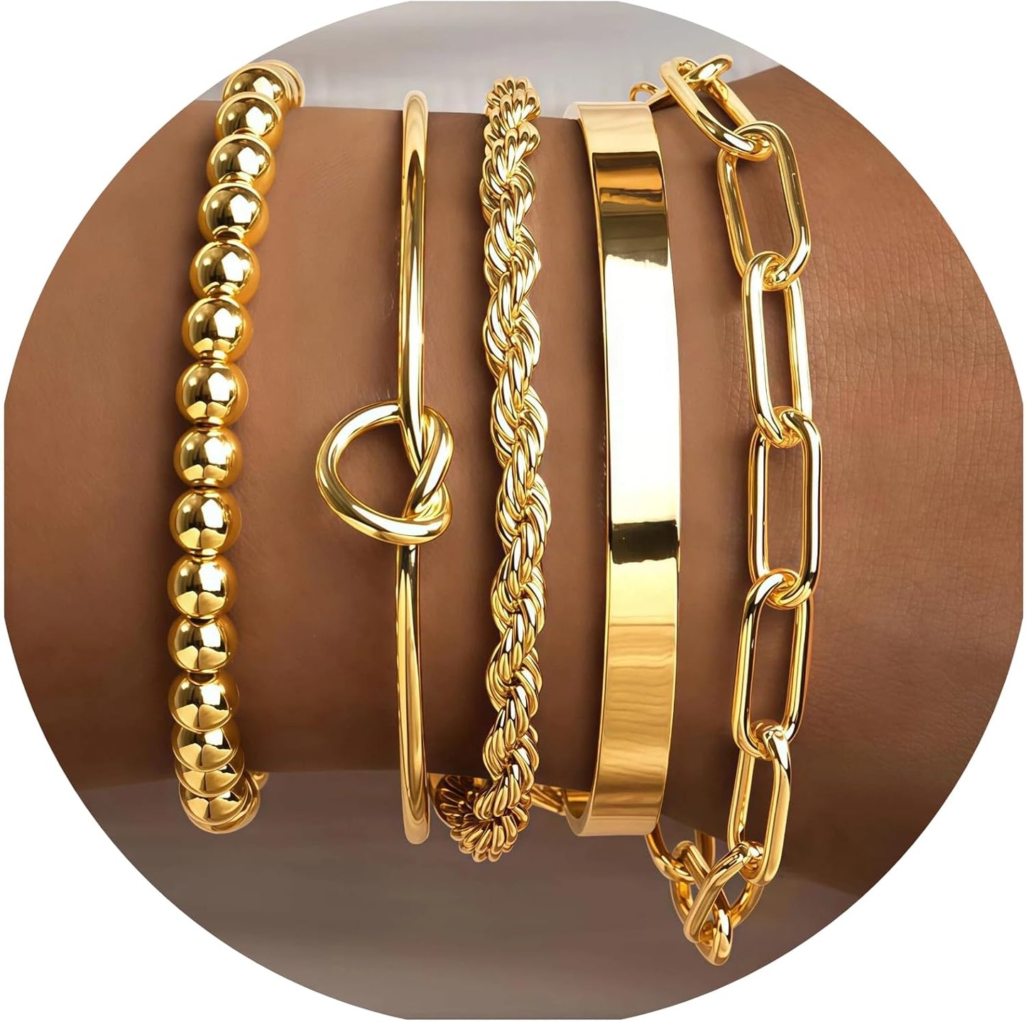 5-Piece Gold Bracelet Stack Set for Women, Metallic Luster Fashion Jewelry Collection with Hand Chain, Stackable Bangles, Love Bracelet - Women'S Gold Jewelry Set