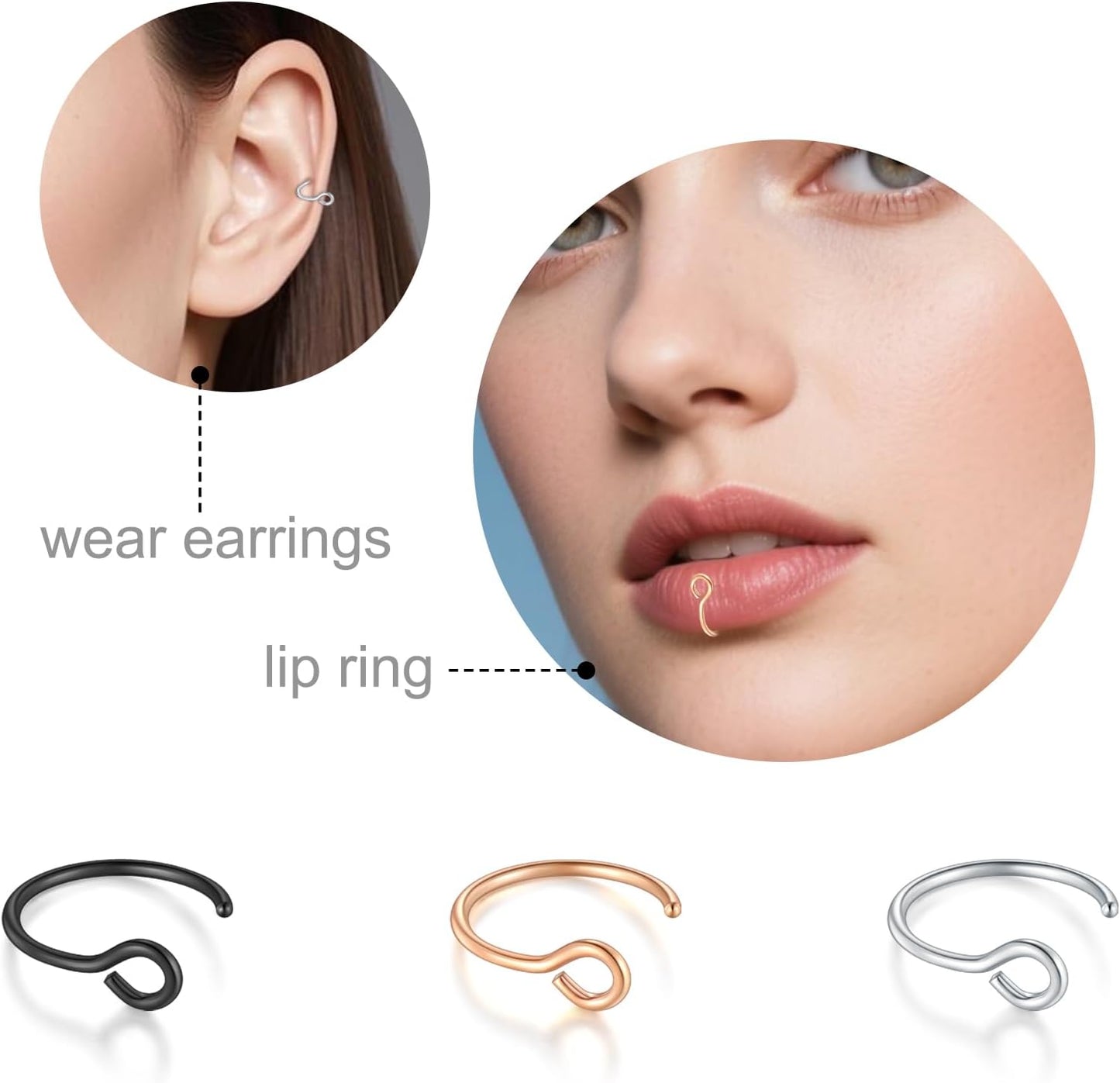 D.Bella 20G Fake Piercing Jewelry Hoop for Faux Lip Septum Nose Ring Set,8Mm