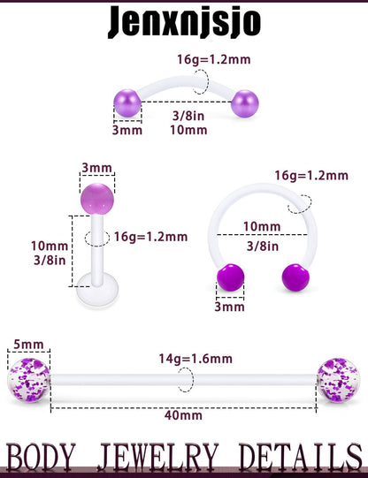 Jenxnjsjo Clear/Pink/Purple Lip Septum Rings Eyebrow Industrial Smiley Piercing Jewelry Plastic Cartilage Helix Tragus Daith Earrings Vertical Labret Medusa Retainers Kits for Surgery Work Sports