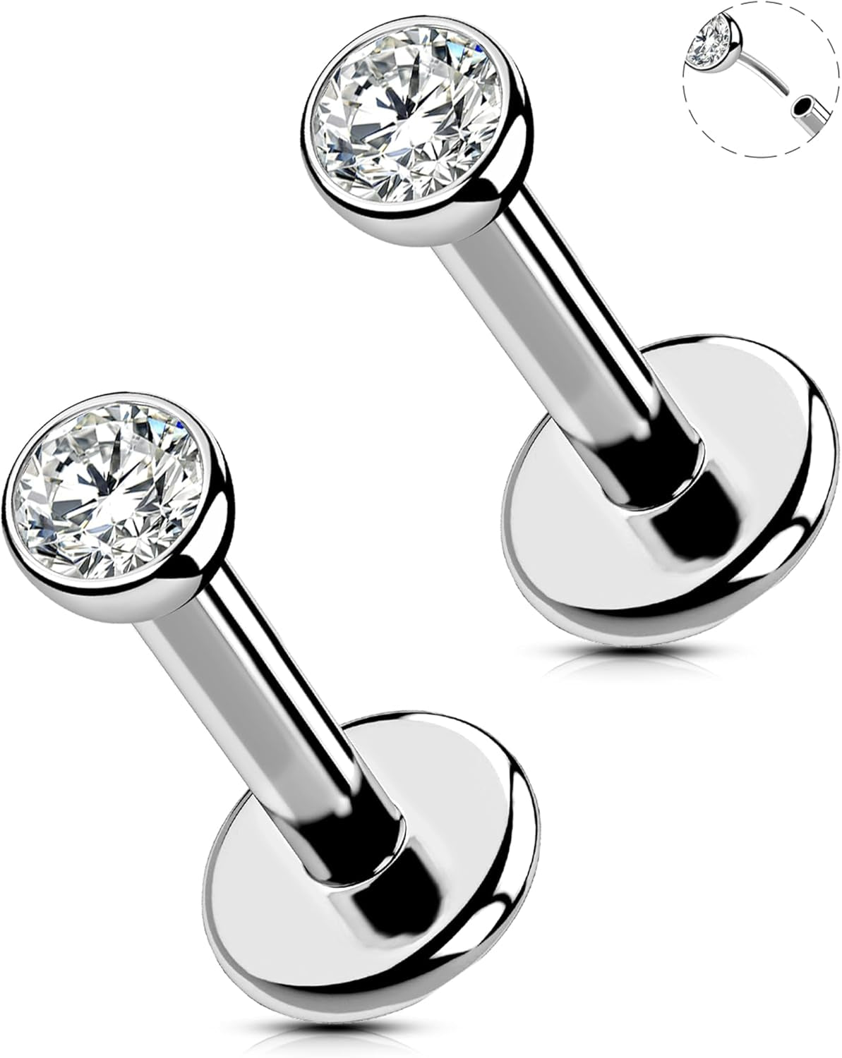 OUFER 2Pcs 20G/18G/16G G23 Titanium Threadless Nose Stud Earrings Flat Back Tiny CZ Small Nose Helix Cartilage Tragus Conch Labret Medusa Monroe Piercing Jewelry for Women Men