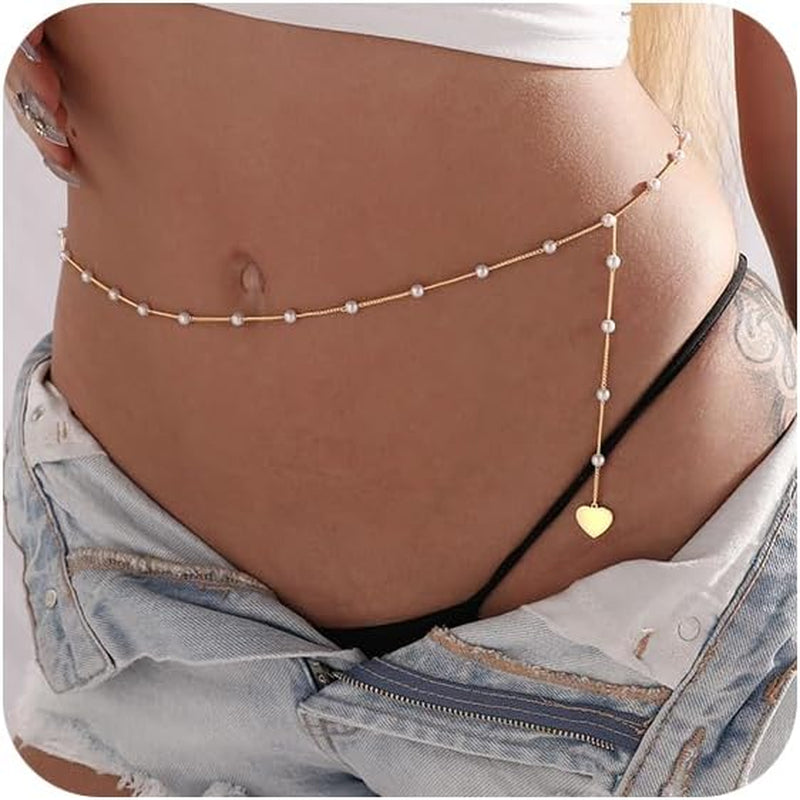 CAROVO Belly Waist Chain for Women 14K Gold Silver Plated Layered Body Chains Boho Cuban Figaro Pearl Heart Coin Satellite Bead Belly Chain Sexy Bikini Body Jewelry for Women Adjustable