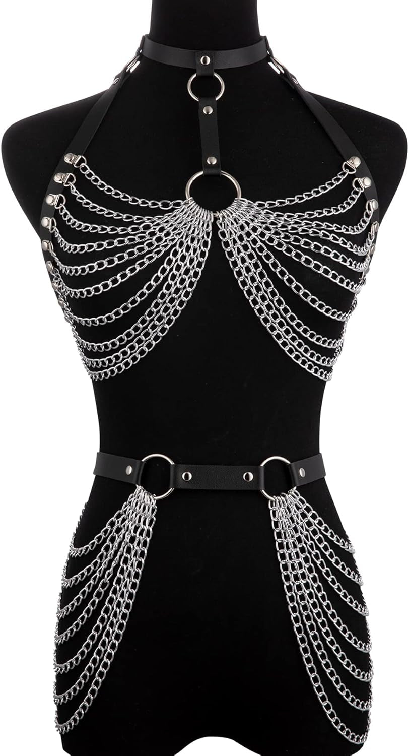 Punk Leather Body Chains for Women Layered Waist Belly Chain Belt Black Chest Chain Gothic Party Rave Body Jewelry