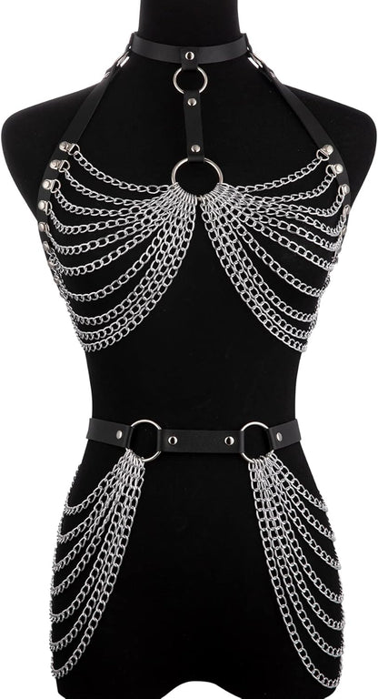 Punk Leather Body Chains for Women Layered Waist Belly Chain Belt Black Chest Chain Gothic Party Rave Body Jewelry
