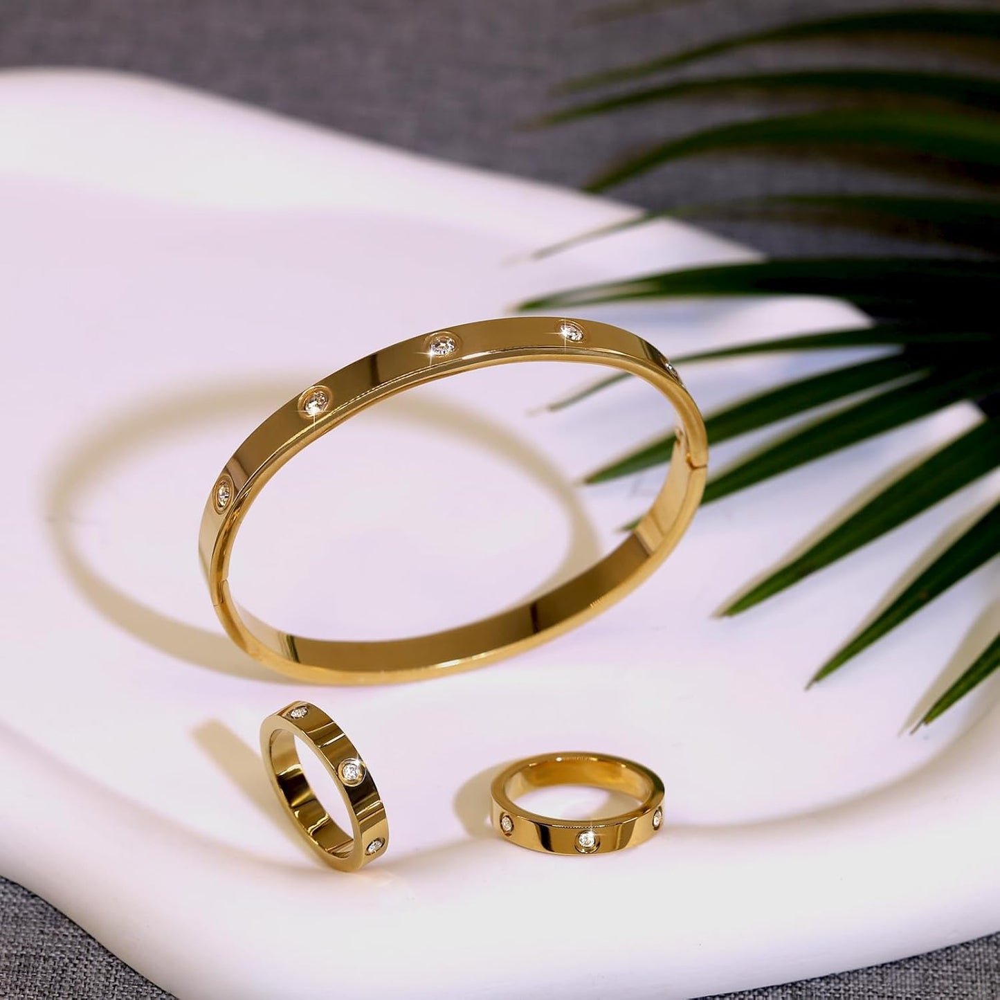 18K Gold Plated Jewelry Set for Women Men, Love Friendship Stainless Steel Bracelet with Rings Hinged Cubic Zirconia Oval Bangle, Best Gift for Mother'S Day Birthday Wedding Couples