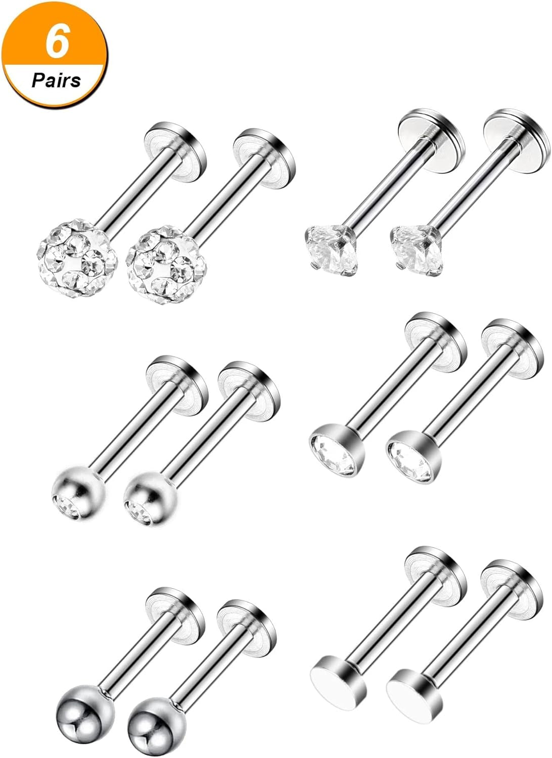 Sumind Nose Studs 16G Tragus Piercing Jewelry Tragus Earrings Lip Rings Diamond Crystal Stainless Steel Labret Bars Body Piercing Jewelry, 6 Designs
