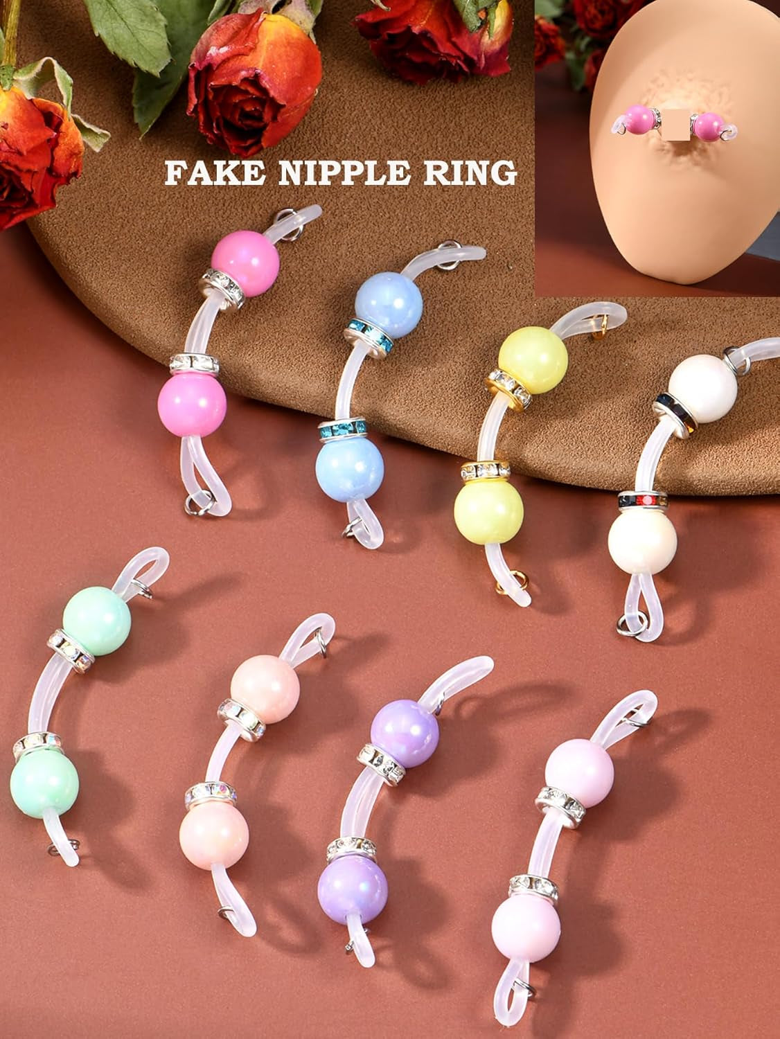 DJCIW 4 Pairs Handmade Fake Nipple Rings,Adjustable Nipple Nooses with 8Mm Silicone Multicolor Beads and Barbells,Non-Piercing Faux Nipple Piercing Comfortable Everyday Wear Cute Body Jewelry