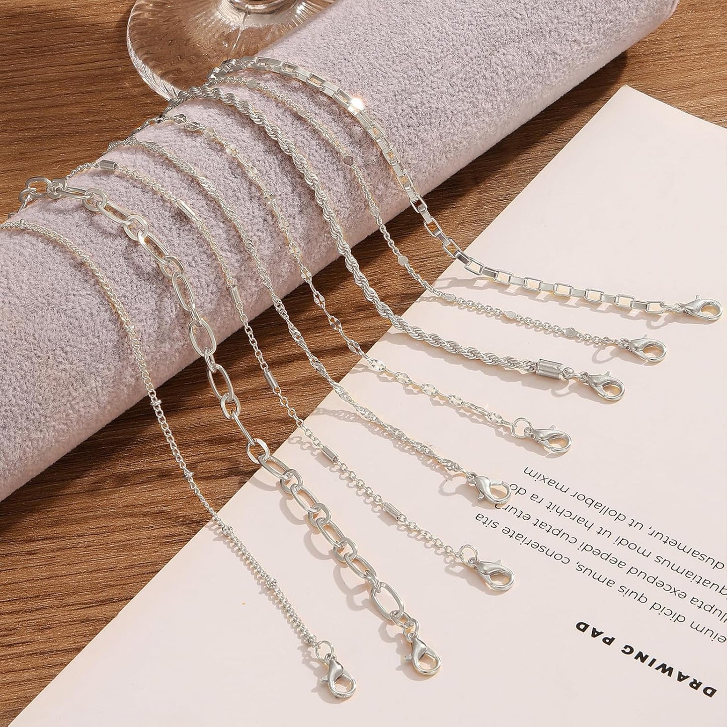 IFKM 5 PACK (35 PCS) Silver Chain Bangles Bracelets Set for Women, Silver Multiple Layered Stackable Open Cuff Bangle Anklet Bracelet Trendy Elegance Link Beads Italian Boho Cuban Jewelry for Women Gift