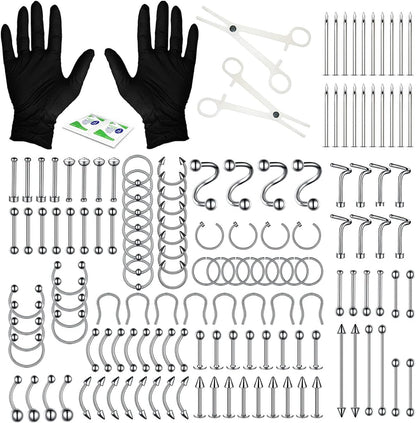 Bodyj4You 156PC Body Piercing Kit - 14G 16G 18G 20G - Belly Ring Nose Septum Tragus Ear Cartilage Industrial - Horseshoe Ring Hoop Barbell Stud Spike - Random Mix Jewelry