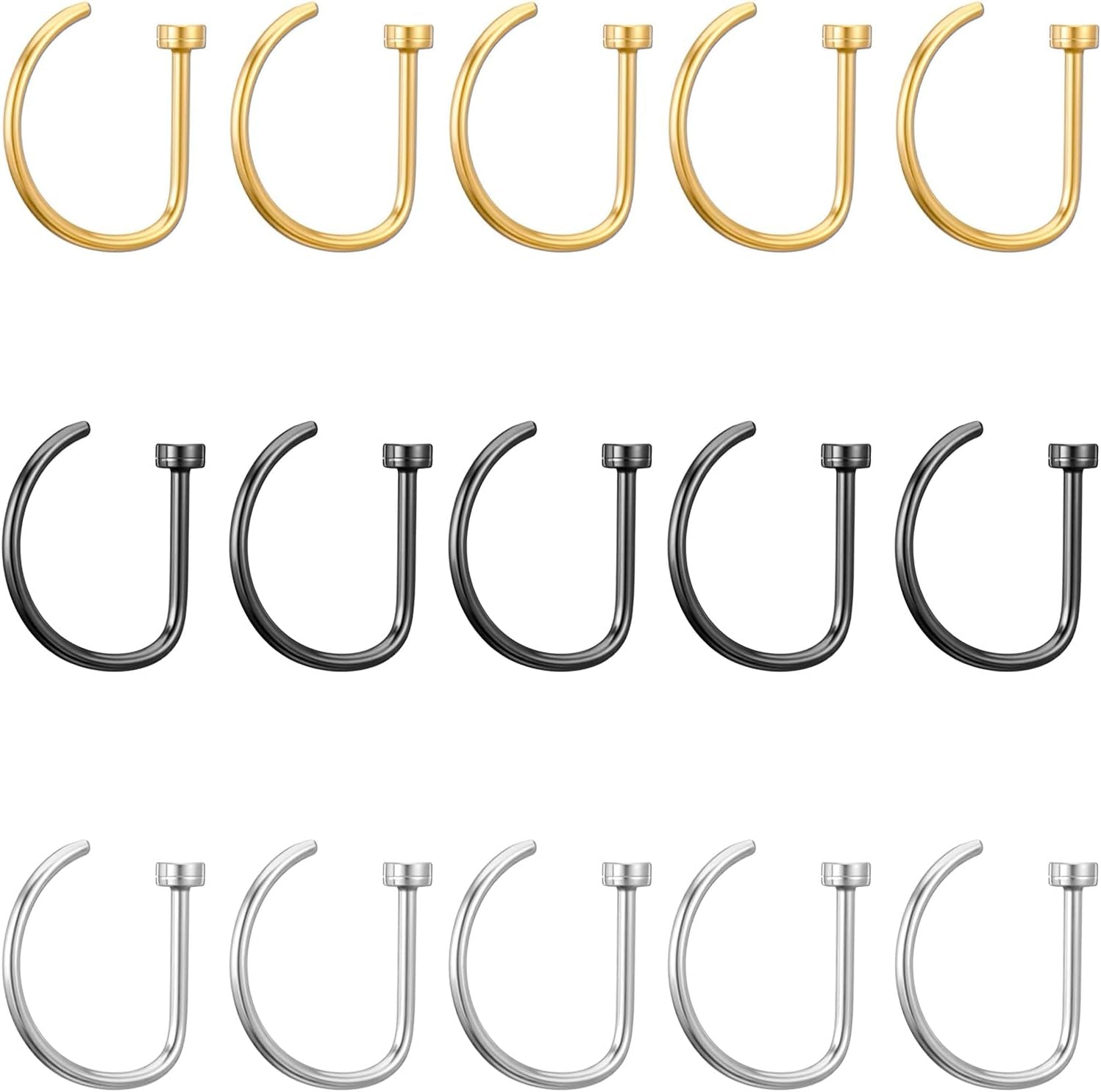 15 PCS Nose Rings Hoop 20G 8Mm, D Shaped Fake Nose Ring Hoops Set Stainless Steel Noses Piercing Jewelry Faux Noserings Nosehoops, Fake Lip Hoop Rings Septum Ring for Women, Silver Gold Black