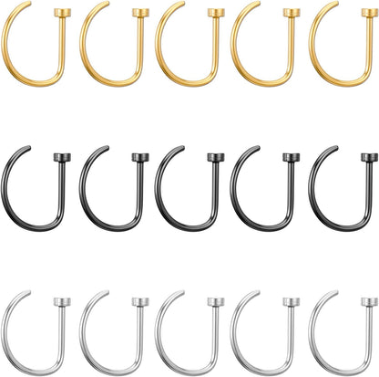 15 PCS Nose Rings Hoop 20G 8Mm, D Shaped Fake Nose Ring Hoops Set Stainless Steel Noses Piercing Jewelry Faux Noserings Nosehoops, Fake Lip Hoop Rings Septum Ring for Women, Silver Gold Black