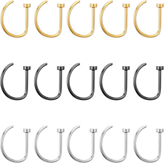 15 PCS Nose Rings Hoop 20G 8Mm, D Shaped Fake Nose Ring Hoops Set Stainless Steel Noses Piercing Jewelry Faux Noserings Nosehoops, Fake Lip Hoop Rings Septum Ring for Women, Silver Gold Black