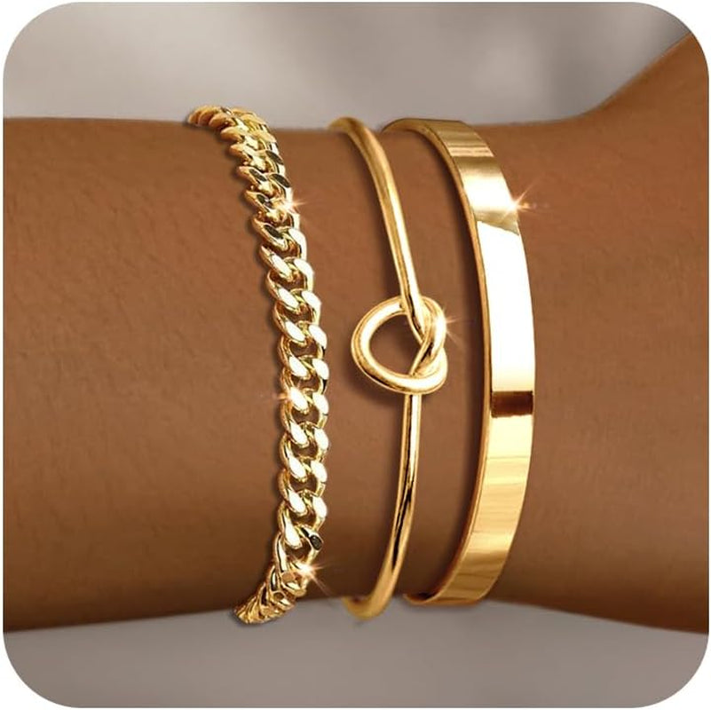 Gold Bracelets for Women 18K Gold Plated Bracelet Stack Bangle Cuff Bracelet Set for Women Non Tarnish Beaded/Paperclip/Cuban Link Chain Bracelets Jewelry for Women Trendy