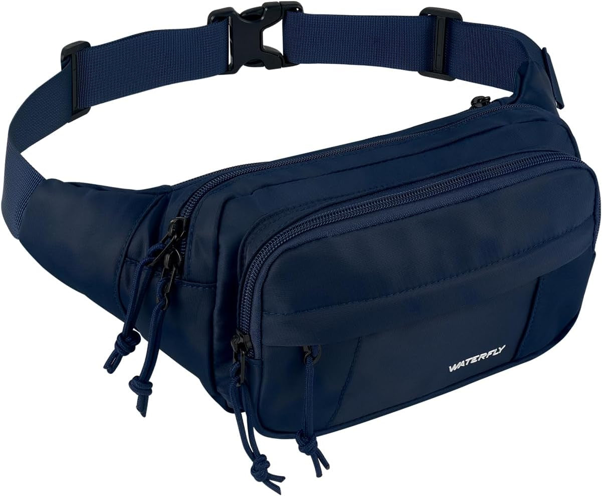 WATERFLY Fanny Pack Waist Packs: Large Crossbody Fanny Packs for Women Men with 5 Zipper Pockets Adjustable Strap Waist Bags Hip Pack for Traveling Cycling Running Hiking-Black