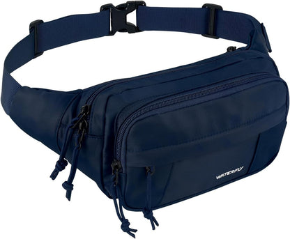 WATERFLY Fanny Pack Waist Packs: Large Crossbody Fanny Packs for Women Men with 5 Zipper Pockets Adjustable Strap Waist Bags Hip Pack for Traveling Cycling Running Hiking-Black