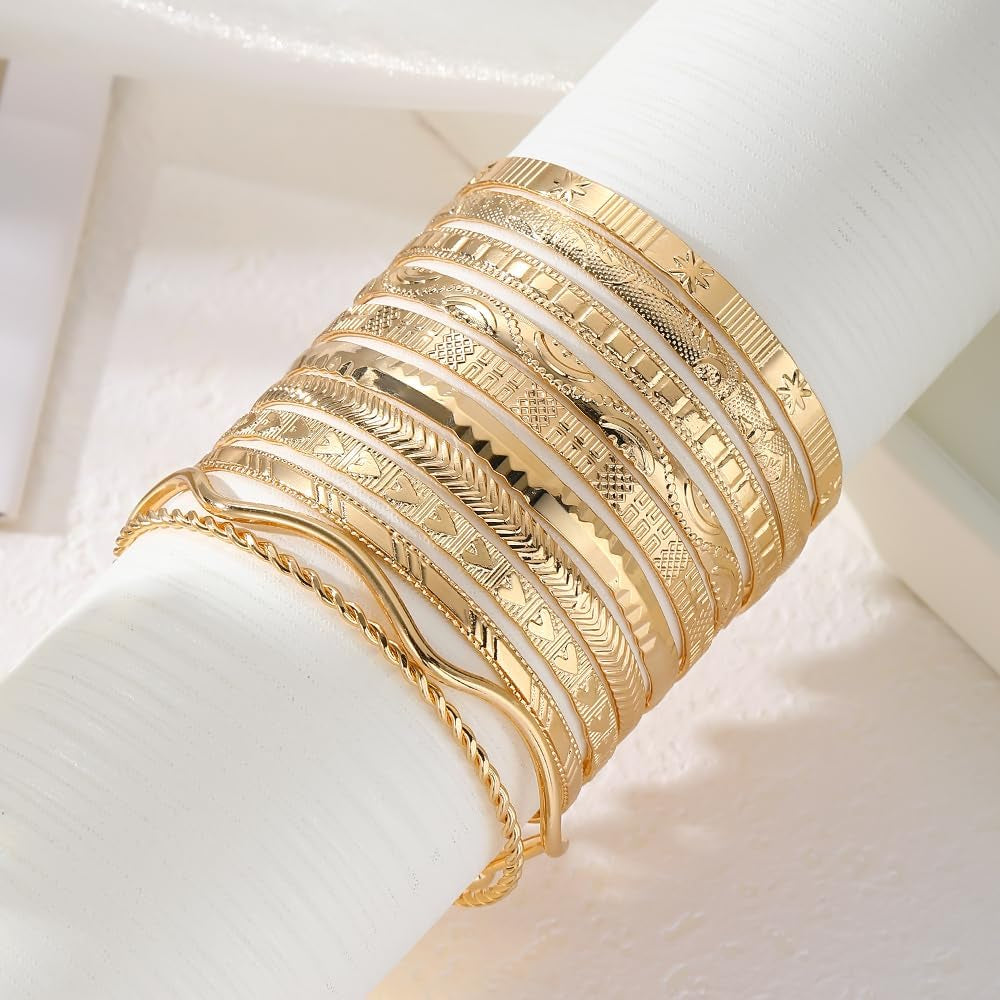KISS WIFE Golden Bangles for Women, Adjustable Bangle Bracelets, Multi Layer Open Stackable Cuff Bracelet Set, Fashion Accessories Jewelry Gifts for Women