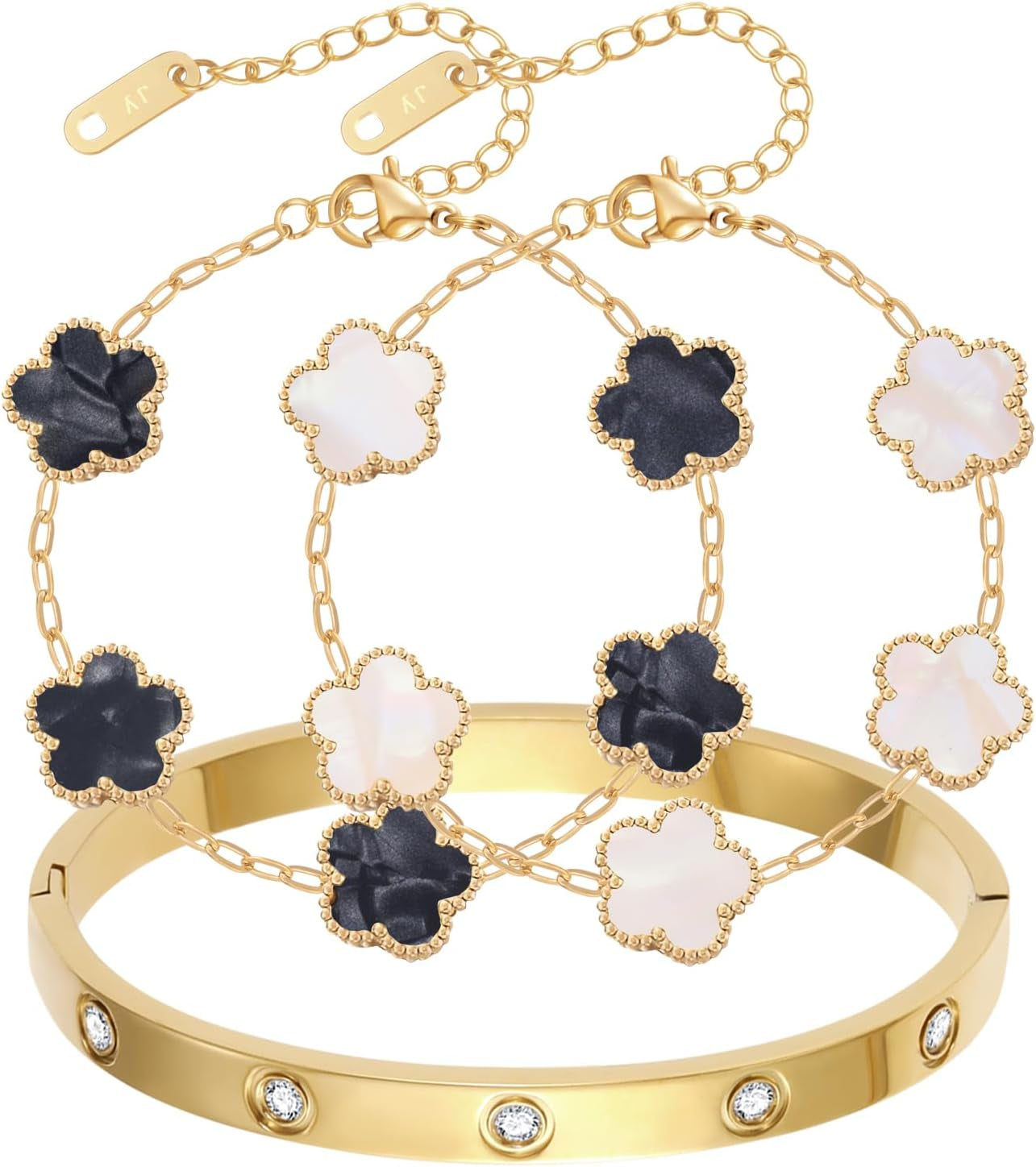 2Pcs Clover Bracelet Set for Women 18K Gold Plated Four Leaf Clover Bracelet Love Bangle Bracelet Stack Lucky Bracelets Gold Link Bracelets Trendy Jewelry Gift for Women Birthday Christmas