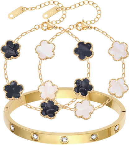 2Pcs Clover Bracelet Set for Women 18K Gold Plated Four Leaf Clover Bracelet Love Bangle Bracelet Stack Lucky Bracelets Gold Link Bracelets Trendy Jewelry Gift for Women Birthday Christmas