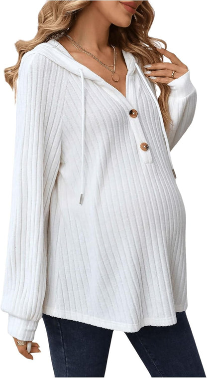 Makemechic Women'S Maternity Sweatshirt Drawstring Button Long Sleeve Knitted Hoodie Pullover Sweater Pregnancy Tops