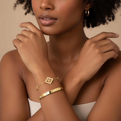 18K Gold Plated Clover Lucky Love Bangle Bracelet Set for Women, Non Tarnish Stacking Friendship Bracelet Set, Christmas Anniversary Birthday Gift