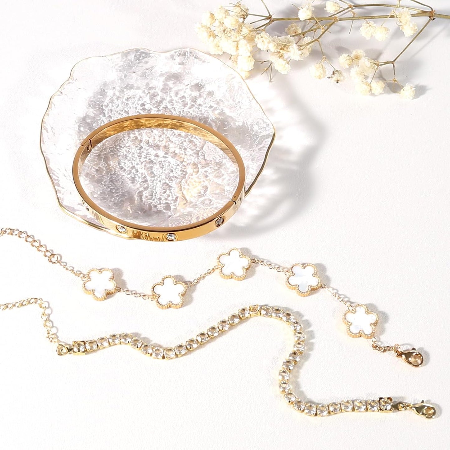 YOUNGGRACE Womens Stackable Floral Gold Bracelets 3Pcs