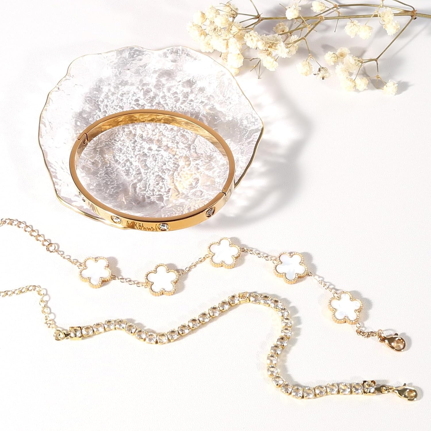 YOUNGGRACE Womens Stackable Floral Gold Bracelets 3Pcs