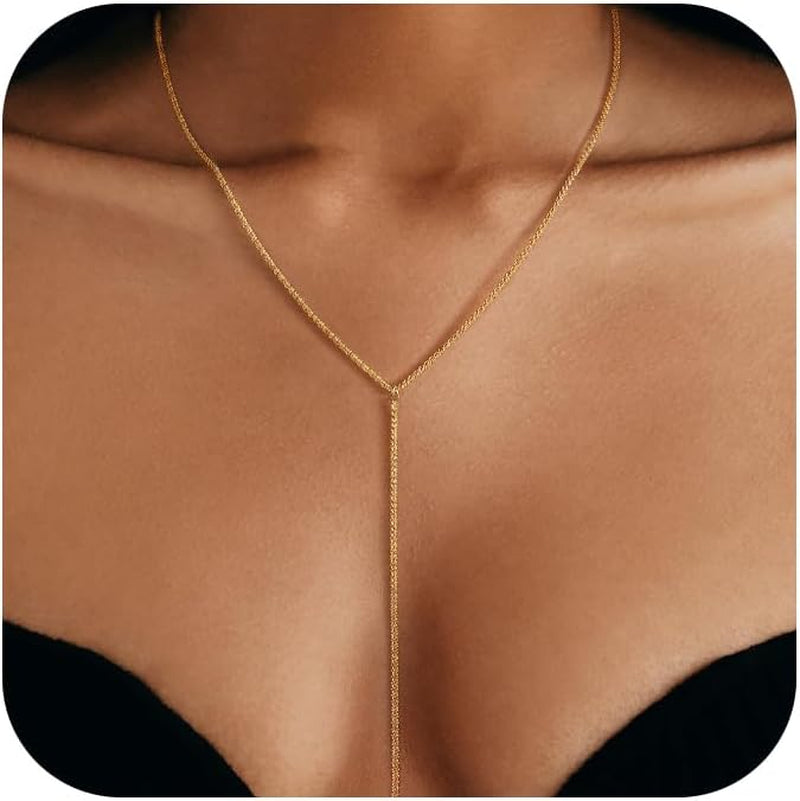 Gold and Silver Plated Layered Long Necklace for Women, Statement Y Body Chain, Sexy Dangle Drop Beach Boho Bolo Cleavage Necklace for Vacation or Prom