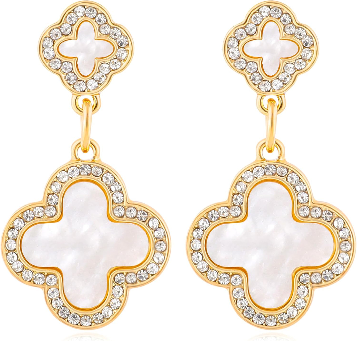 Gold Clover Earrings for Women, Elegant Dangle Lucky Four Leaf Clover Earrings with Shining Cubic Zirconia Mother of Pearl Flower Statement Earrings Trendy Jewelry Gift