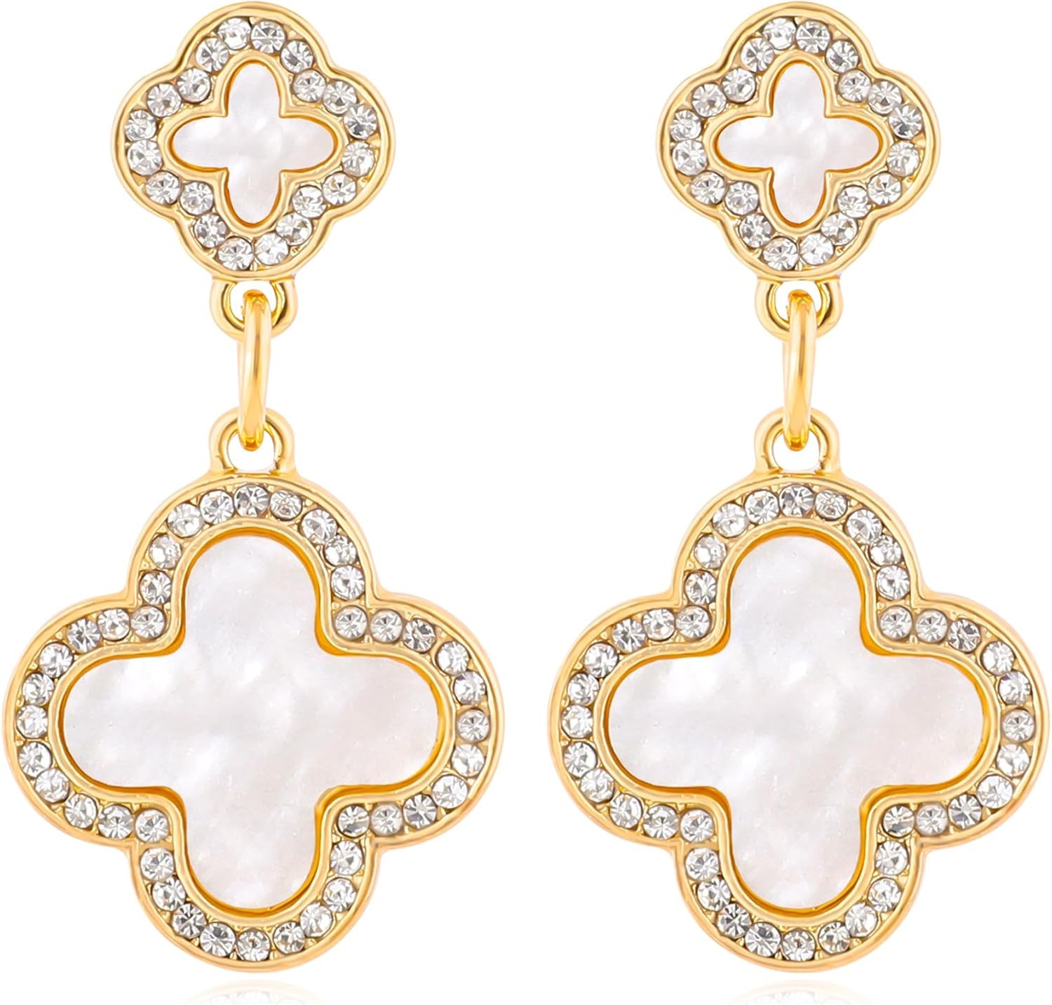 Gold Clover Earrings for Women, Elegant Dangle Lucky Four Leaf Clover Earrings with Shining Cubic Zirconia Mother of Pearl Flower Statement Earrings Trendy Jewelry Gift