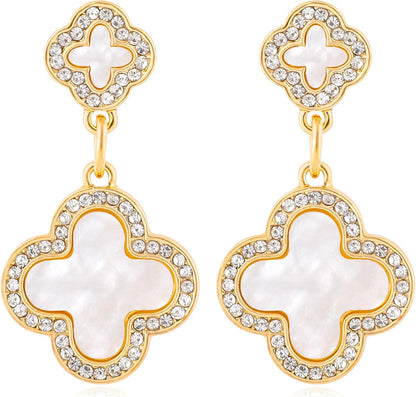Gold Clover Earrings for Women, Elegant Dangle Lucky Four Leaf Clover Earrings with Shining Cubic Zirconia Mother of Pearl Flower Statement Earrings Trendy Jewelry Gift